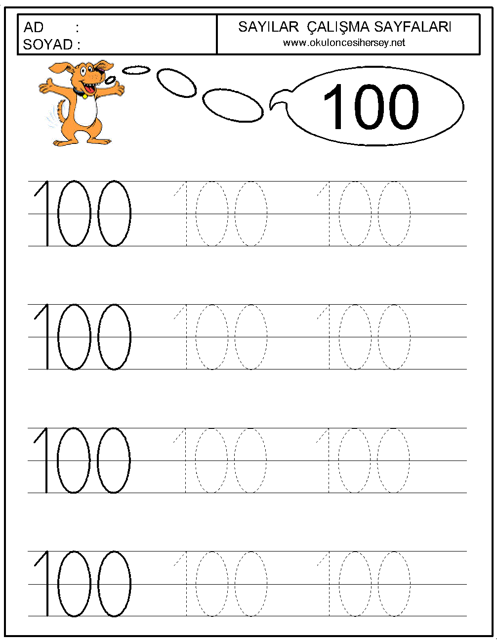 okul öncesi 100 sayısı çizgi çalışması