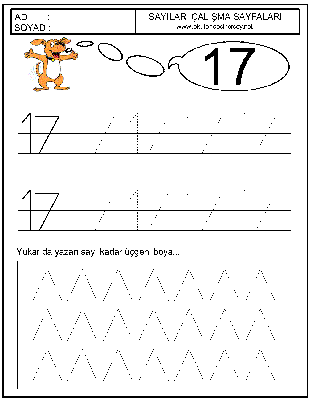 okul öncesi 17 sayısı çizgi çalışması