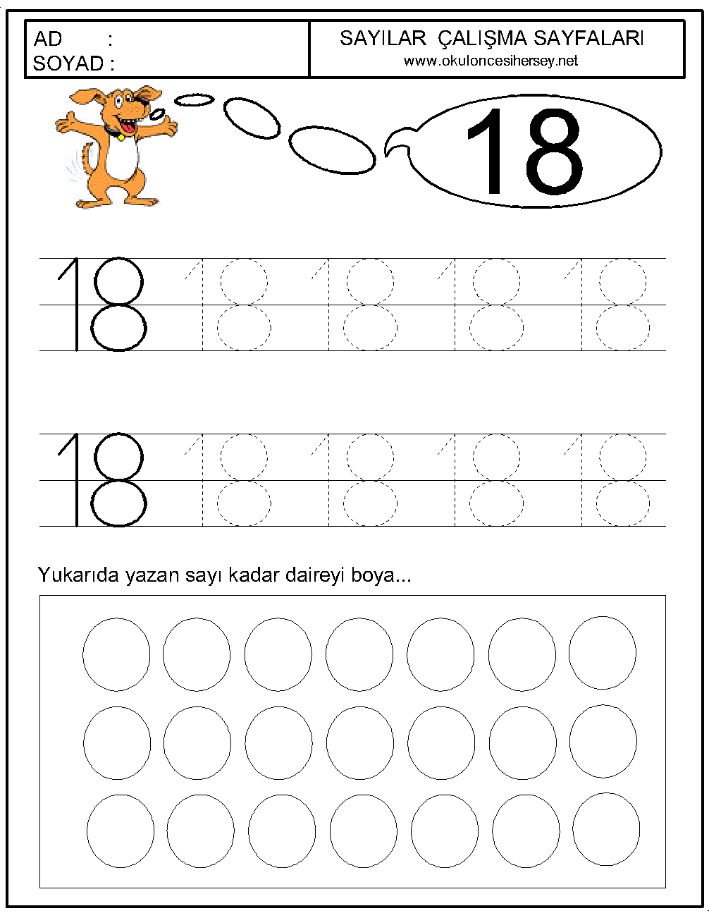 okul öncesi 18 sayısı çizgi çalışması