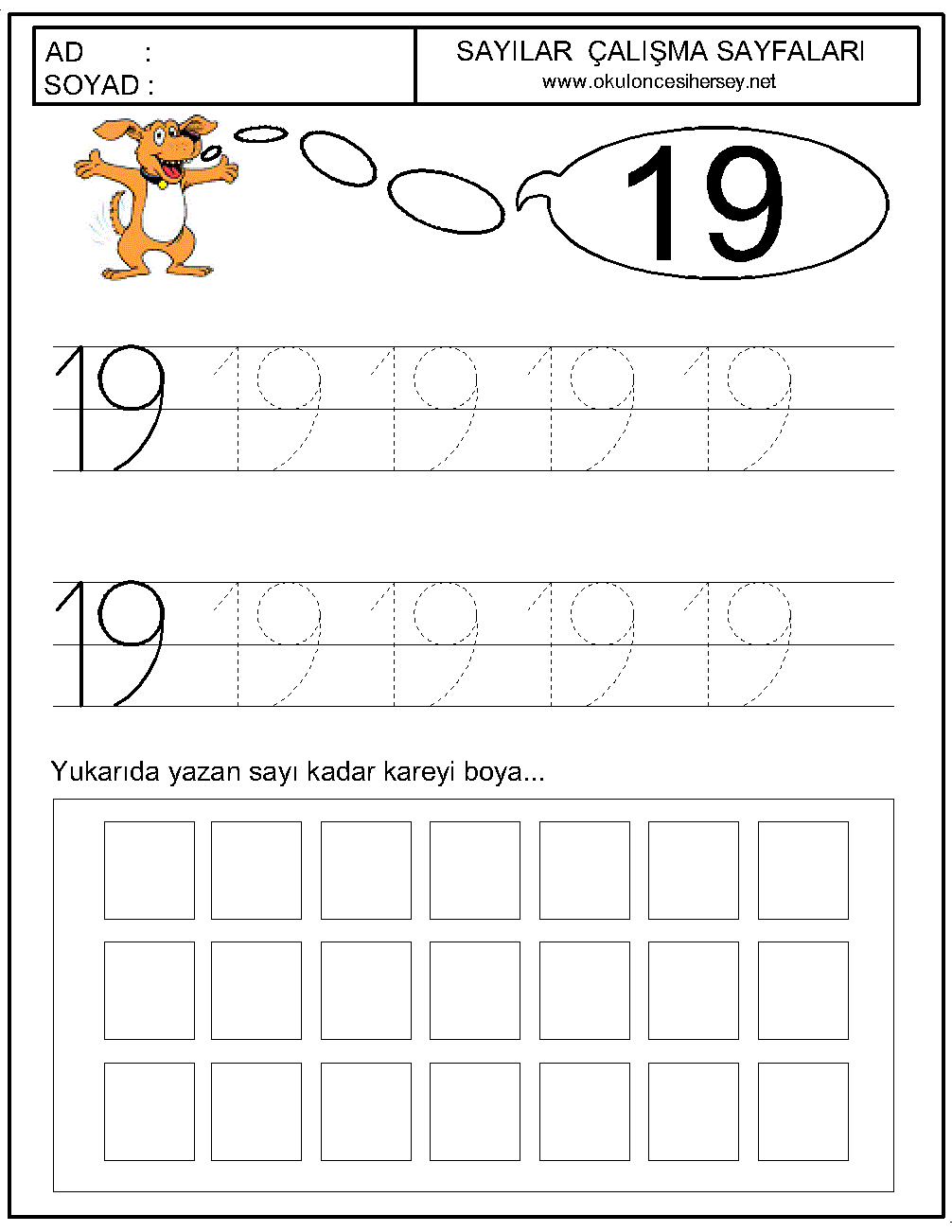 okul öncesi 19 sayısı çizgi çalışması