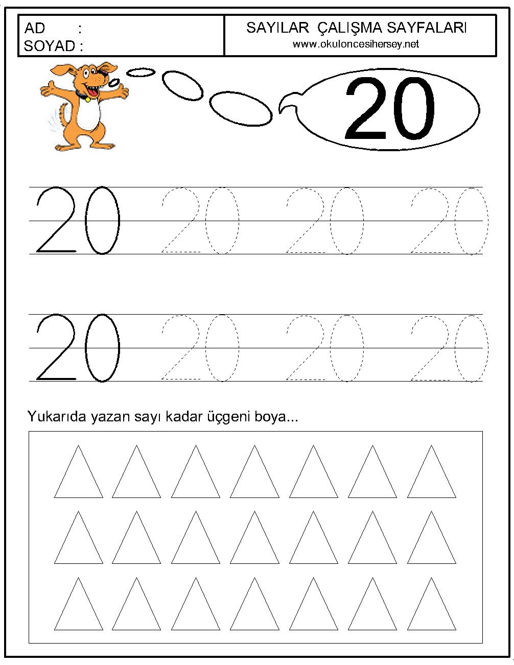 okul öncesi 20 sayısı çizgi çalışması