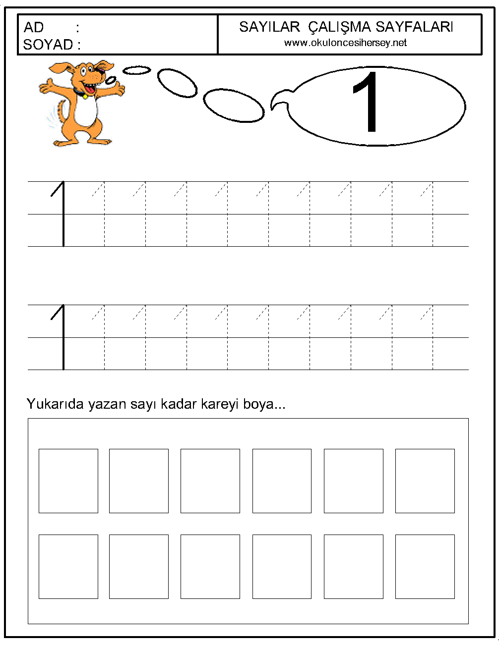 okul öncesi 1 sayısı çizgi çalışması