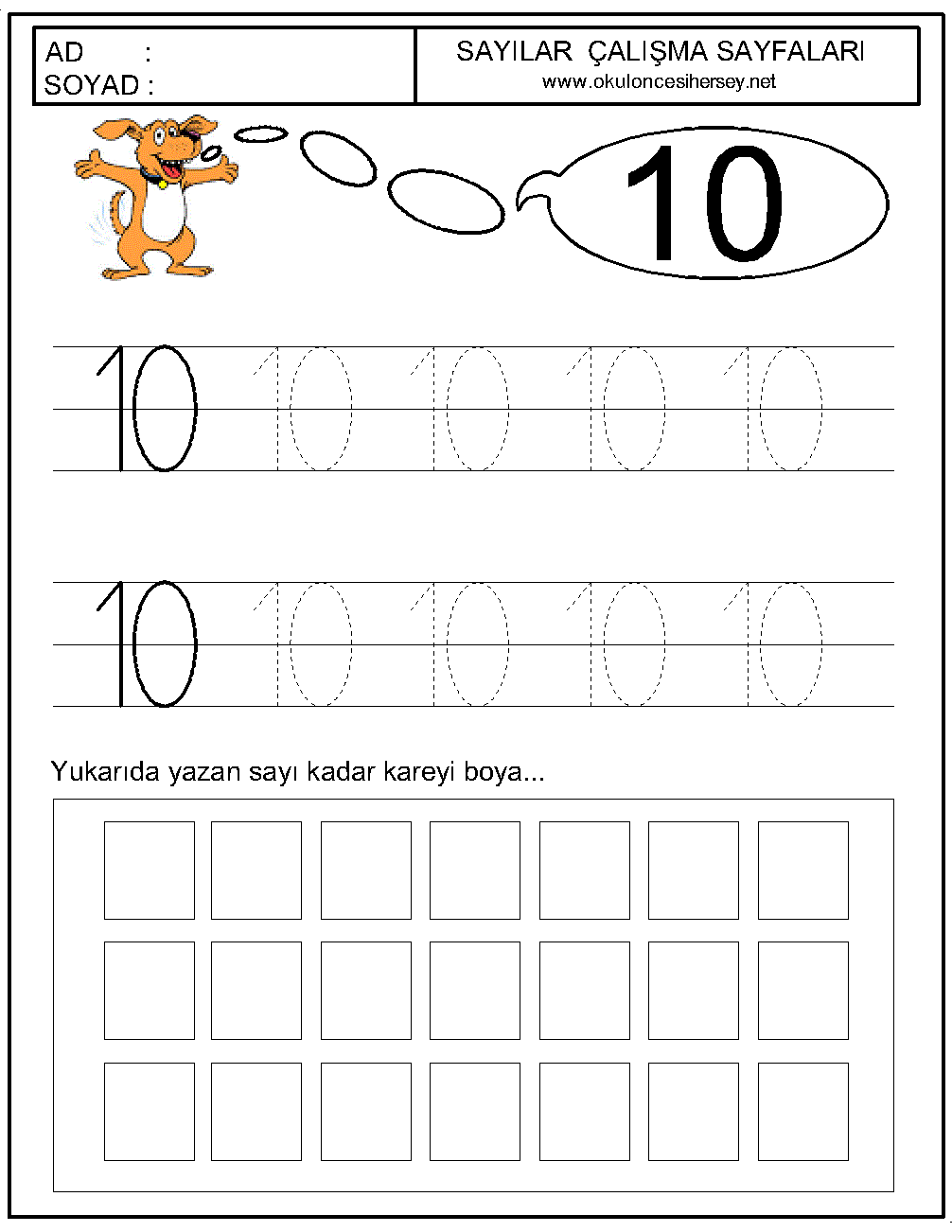 okul öncesi 10 sayısı çizgi çalışması