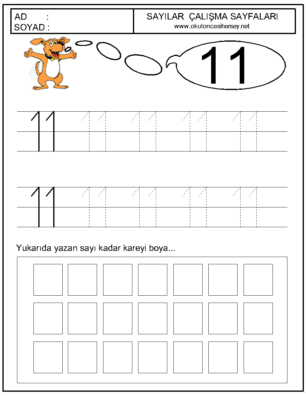 okul öncesi 11 sayısı çizgi çalışması