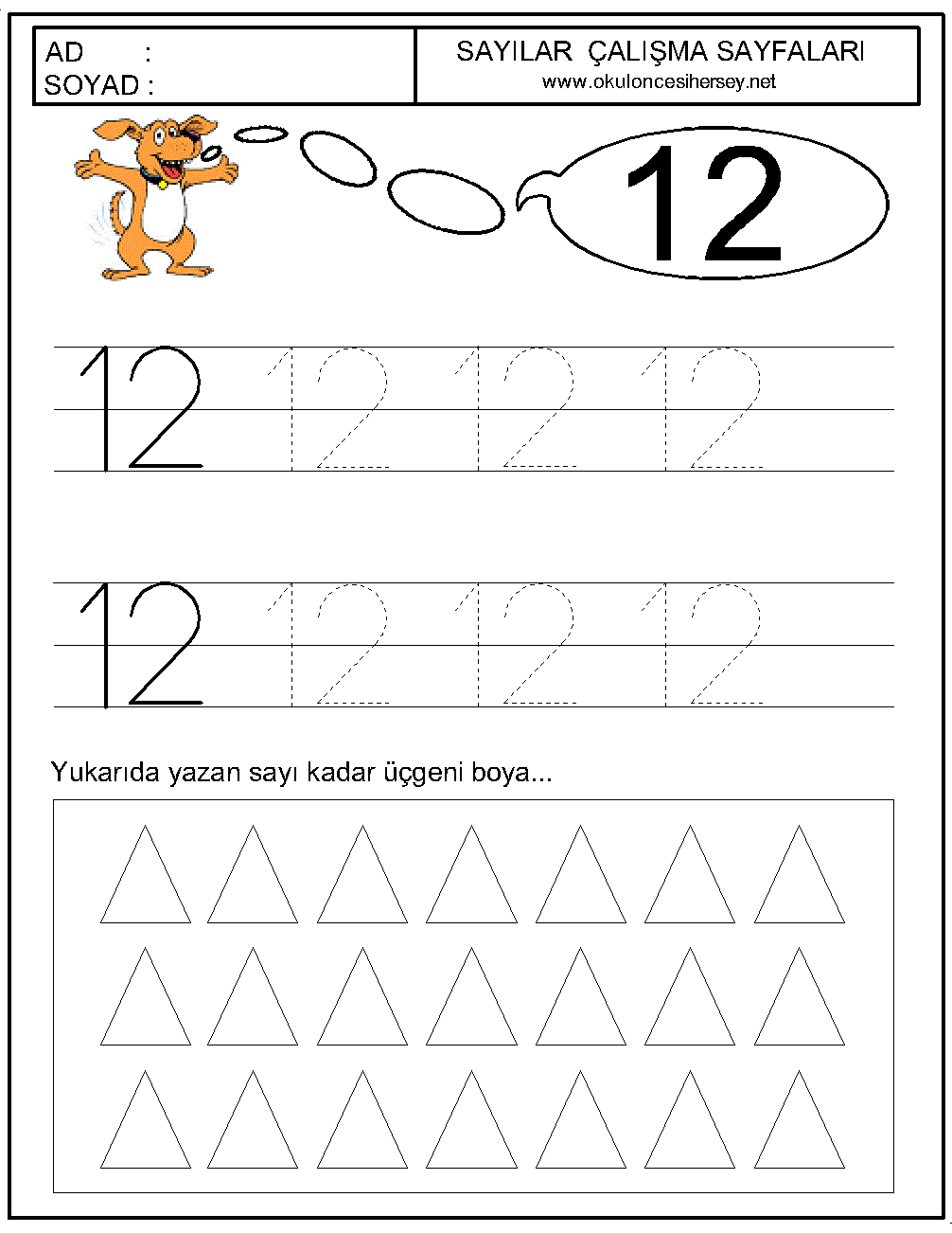 okul öncesi 12 sayısı çizgi çalışması