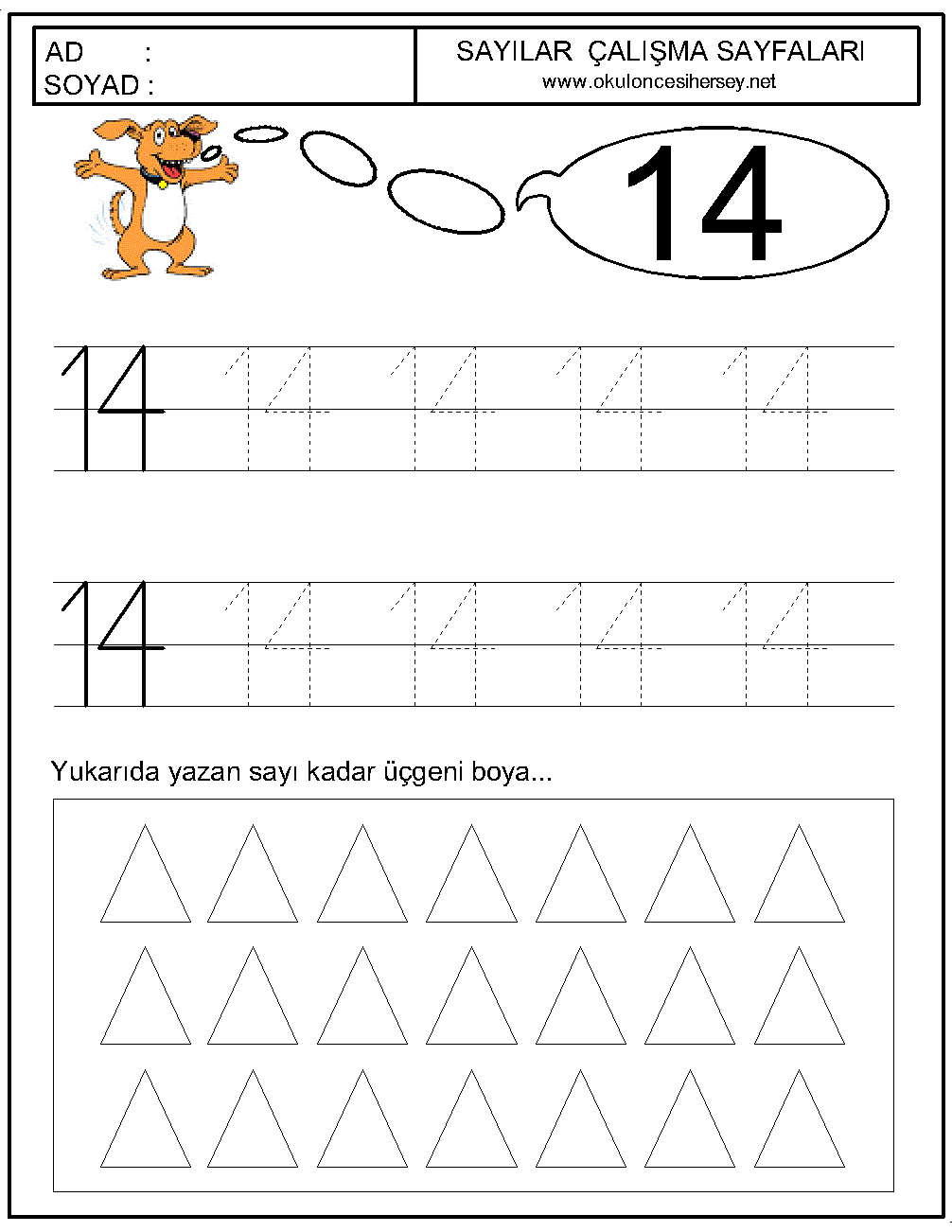okul öncesi 14 sayısı çizgi çalışması