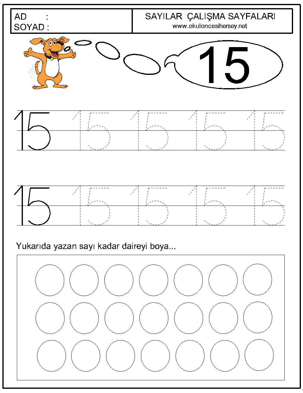 okul öncesi 15 sayısı çizgi çalışması