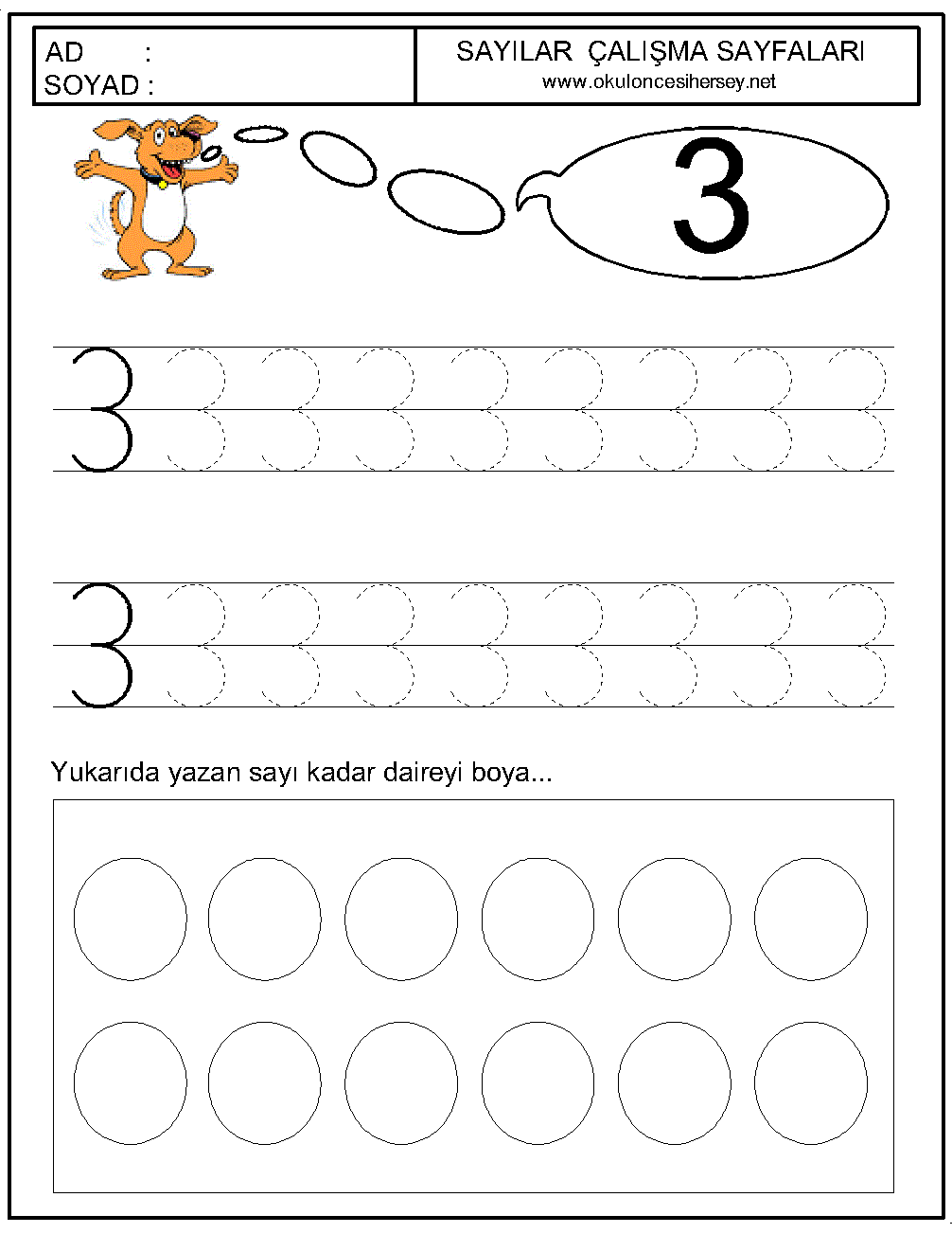 okul öncesi 3 sayısı çizgi çalışması
