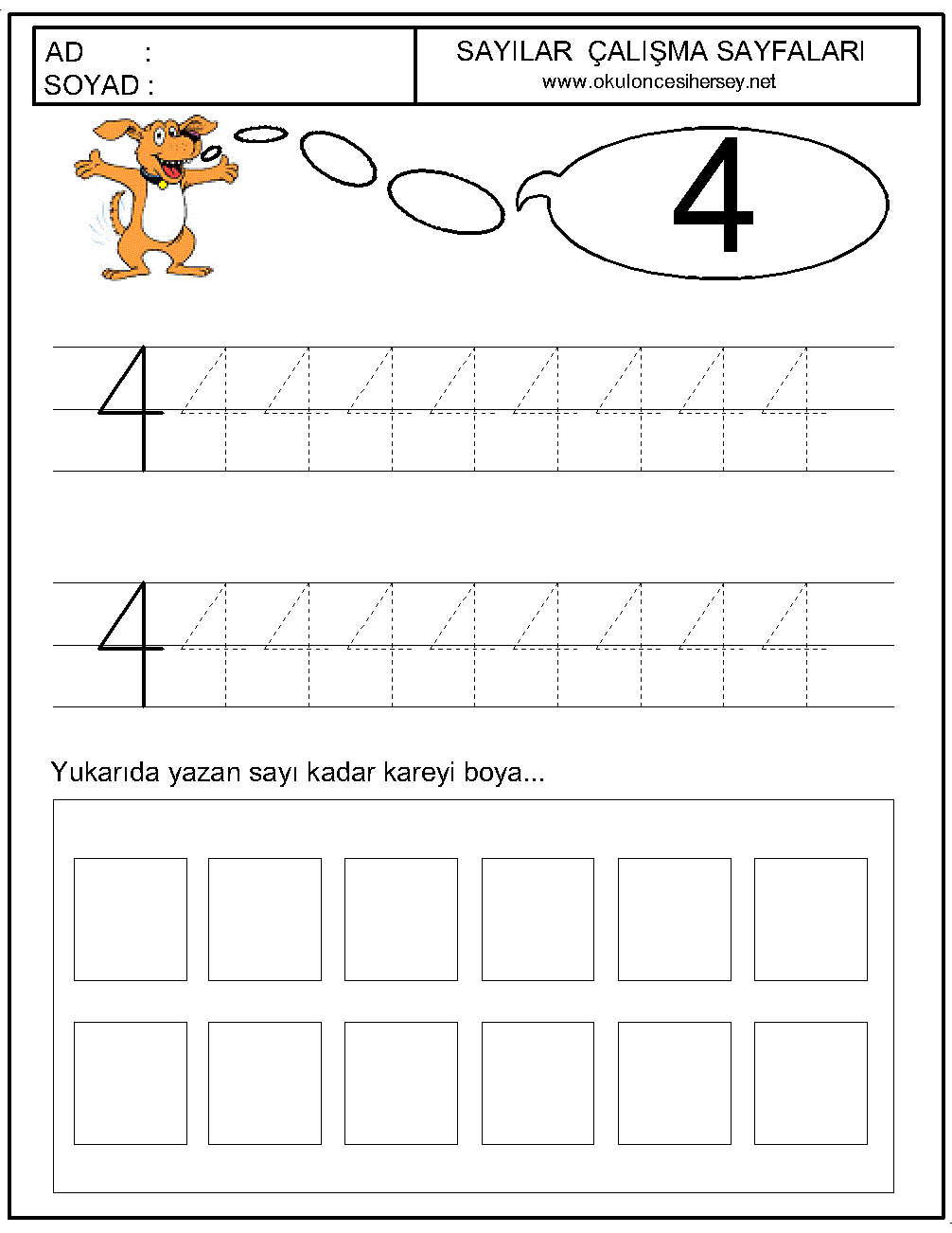 okul öncesi 4 sayısı çizgi çalışması