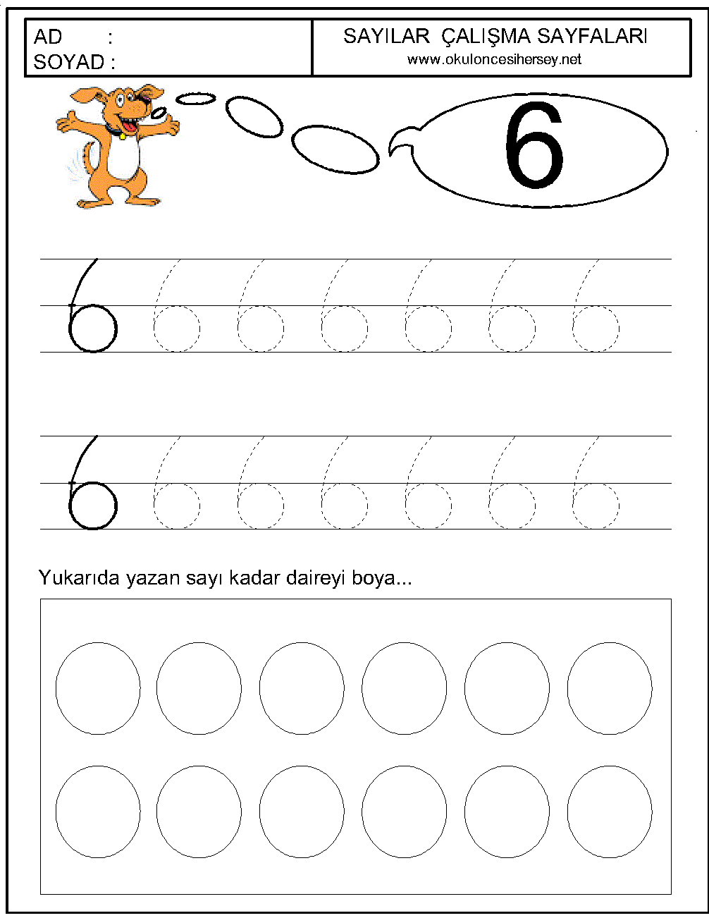 okul öncesi 6 sayısı çizgi çalışması