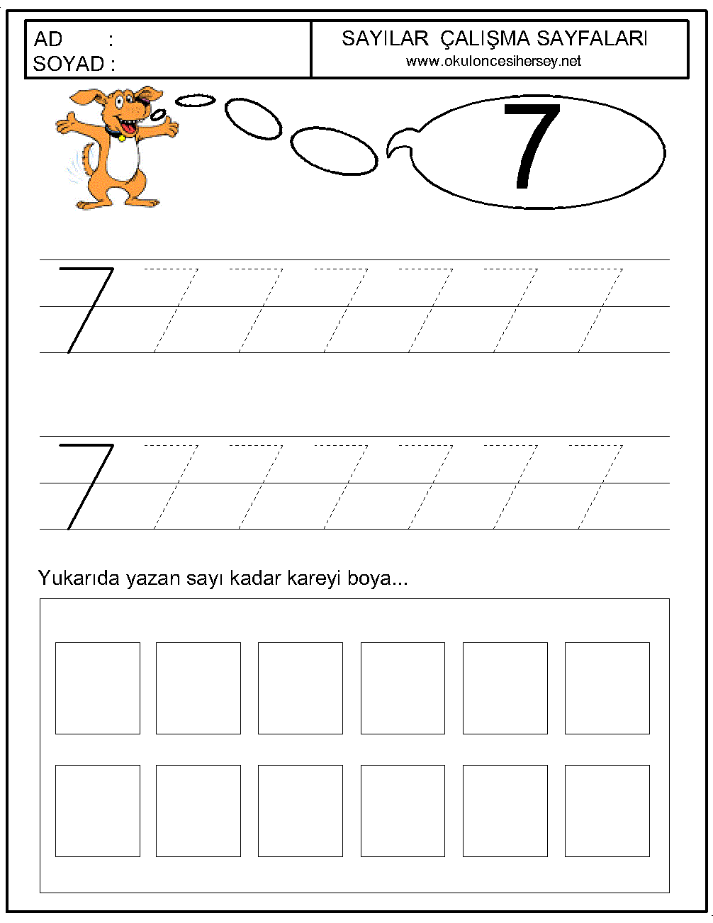 okul öncesi 7 sayısı çizgi çalışması