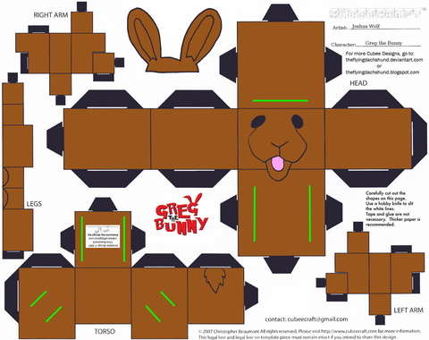 Çocuklar İçin  Greg the Bunny Kağıt Kübik Oyuncaklar Şablonu  