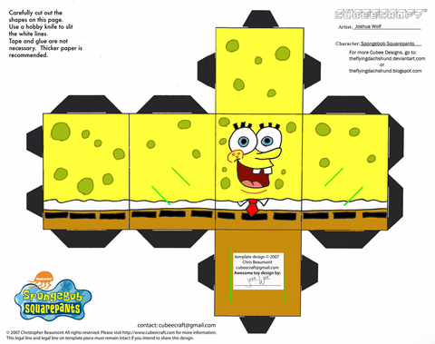 Çocuklar İçin  Spongebob Squarepants Kağıt Kübik Oyuncaklar Şablonu  