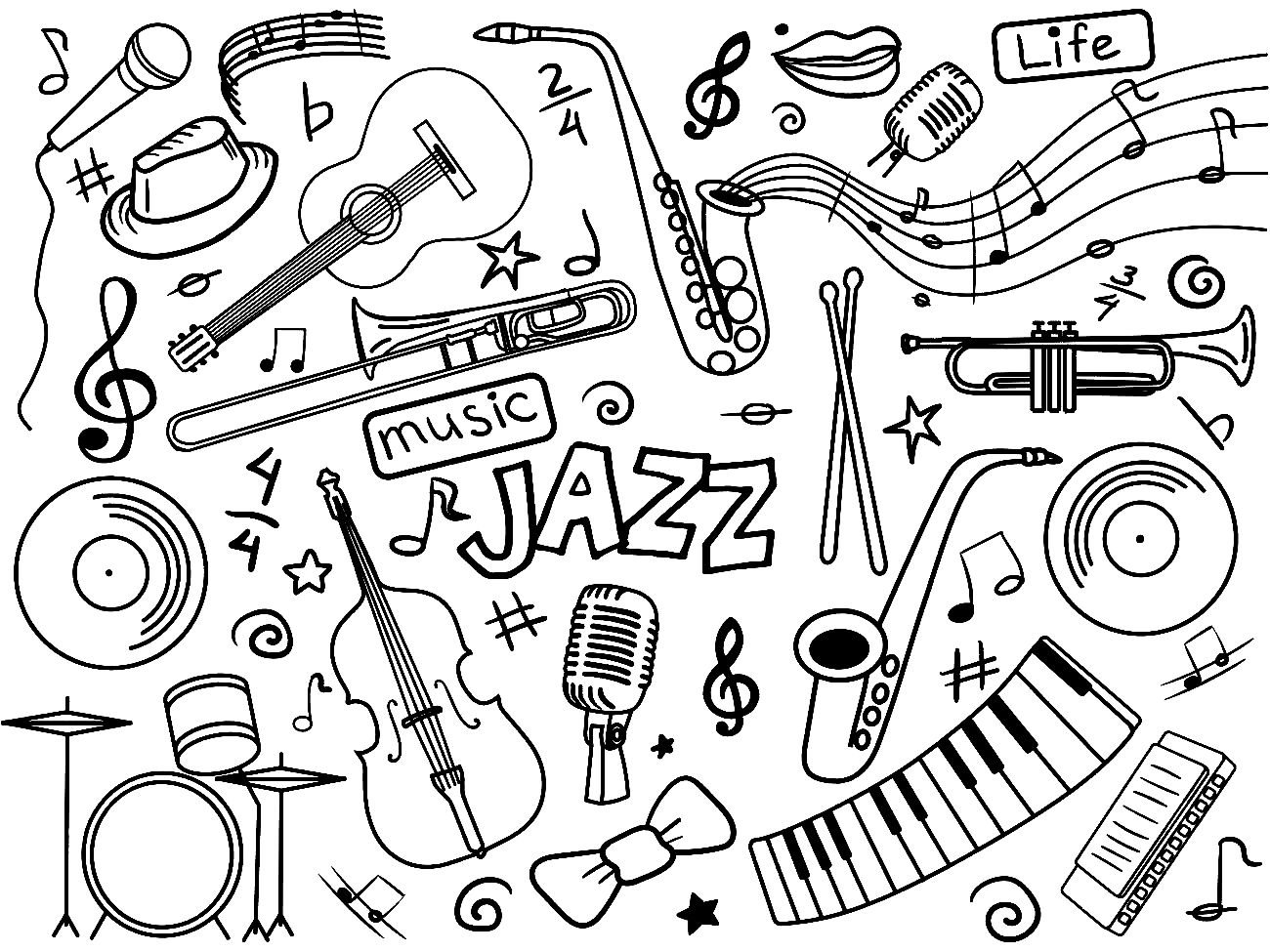 Çocuklar İçin  Jazz-Müziği Boyama Sayfaları 