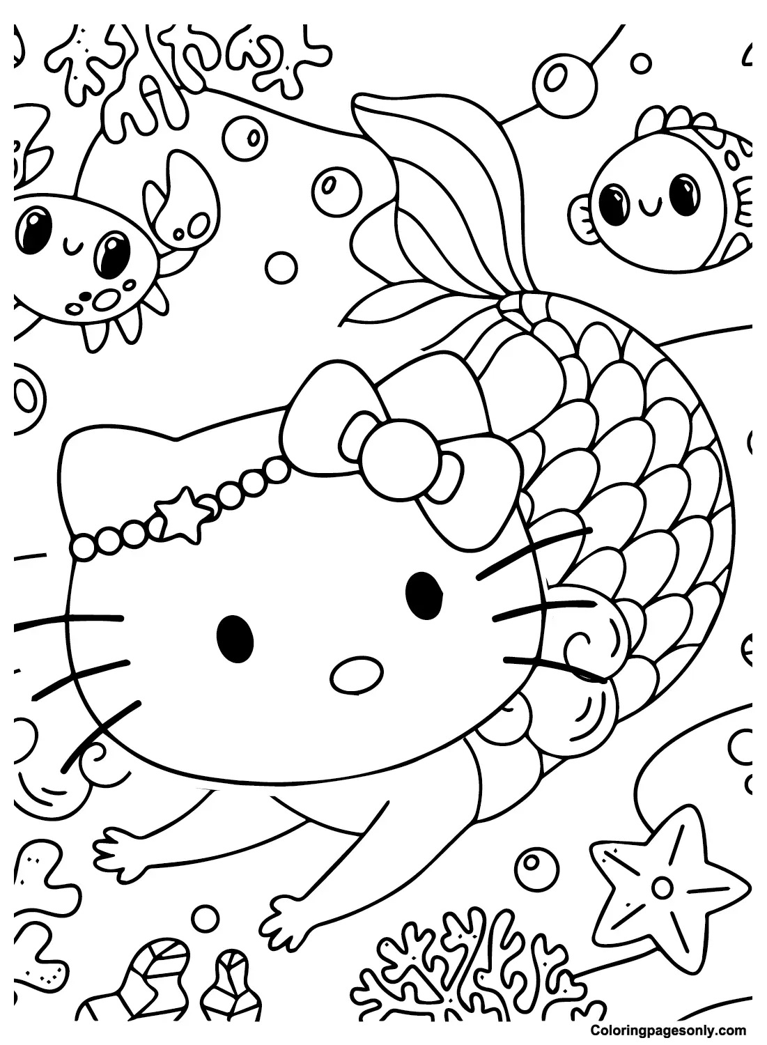 Çocuklar İçin Hello Kitty Deniz Kızı Boyama Sayfaları 