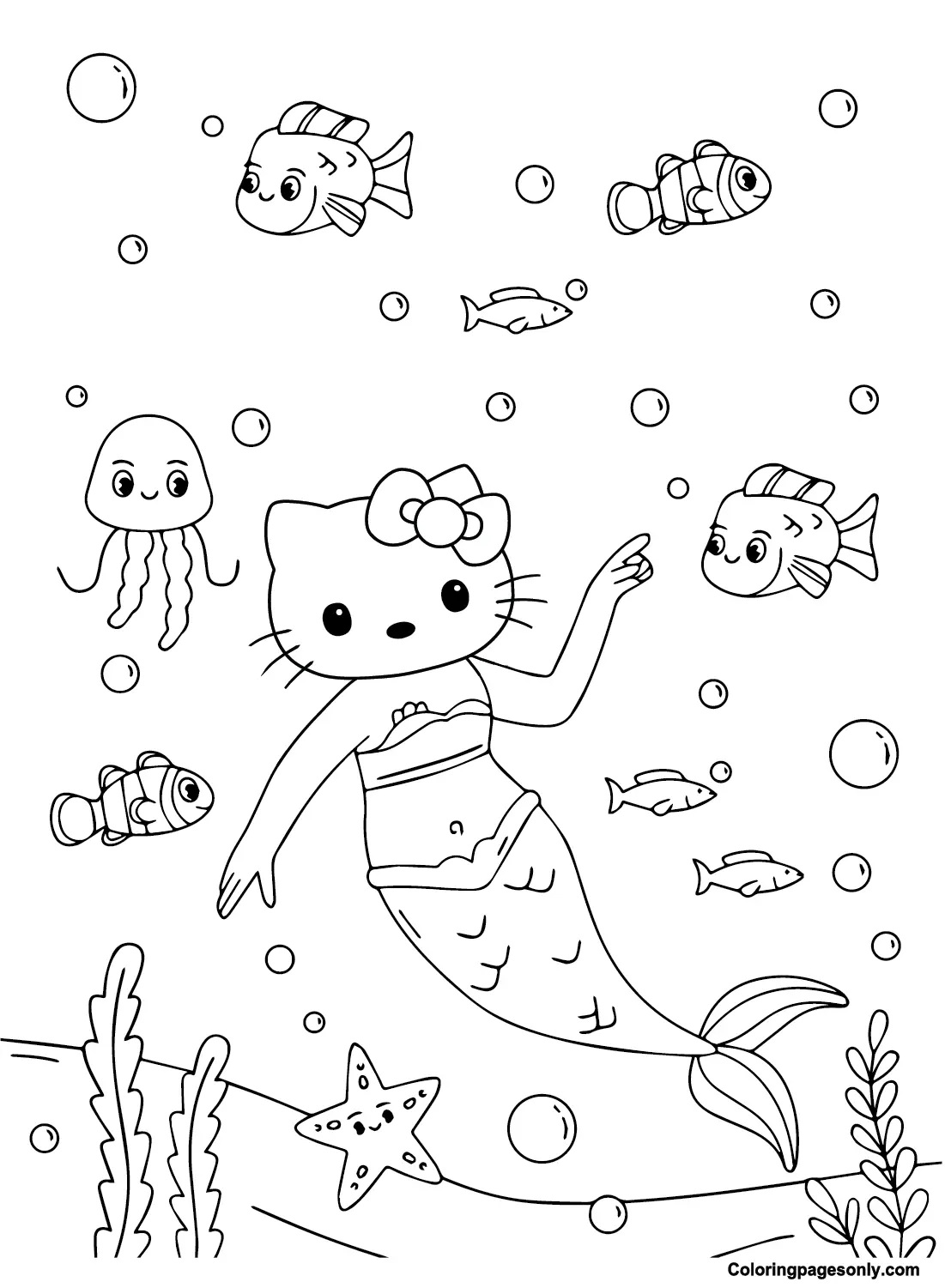 Çocuklar İçin Hello Kitty Deniz Kızı Boyama Sayfaları 