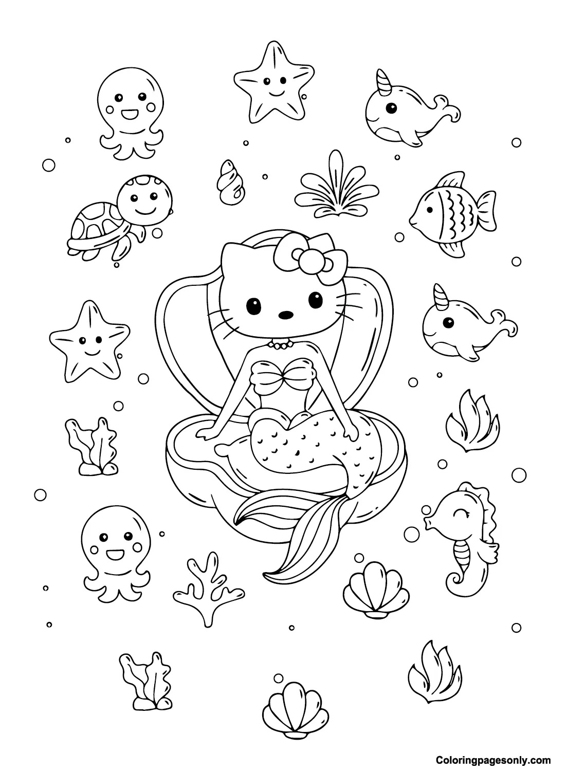 Çocuklar İçin Hello Kitty Deniz Kızı Boyama Sayfaları 
