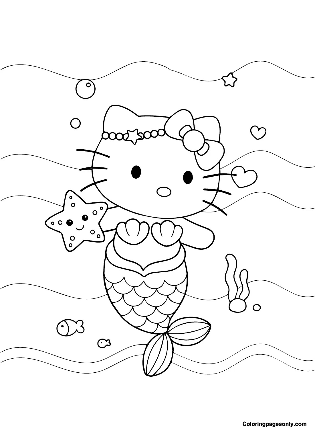 Çocuklar İçin Hello Kitty Deniz Kızı Boyama Sayfaları 