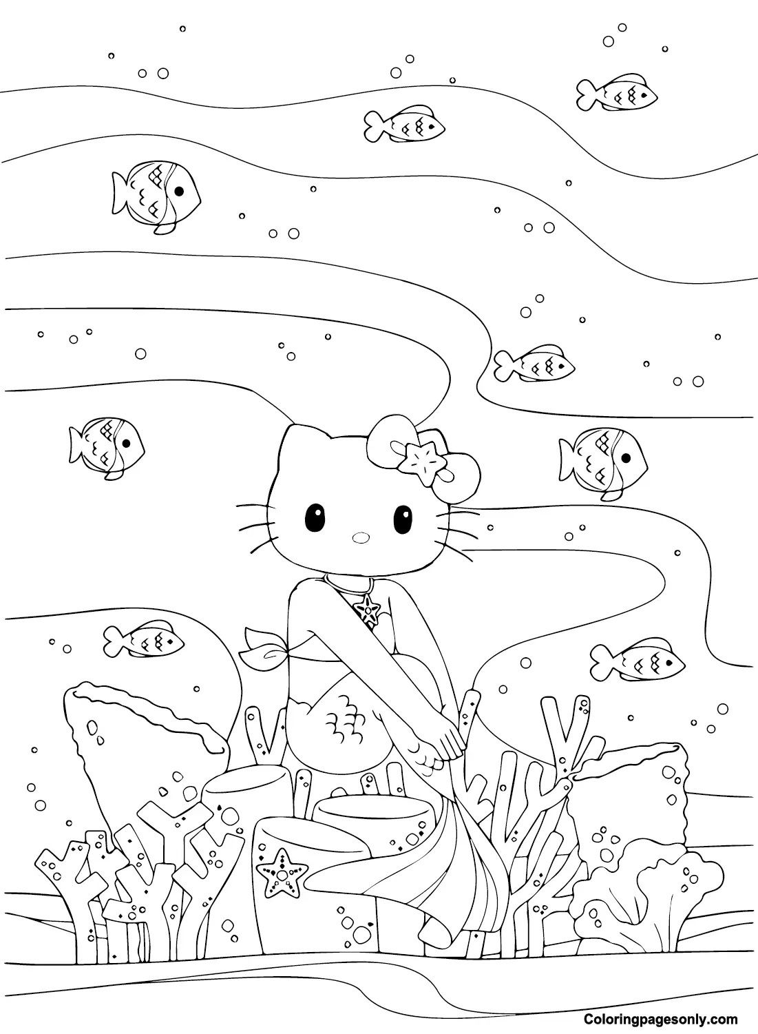 Çocuklar İçin Hello Kitty Deniz Kızı Boyama Sayfaları 