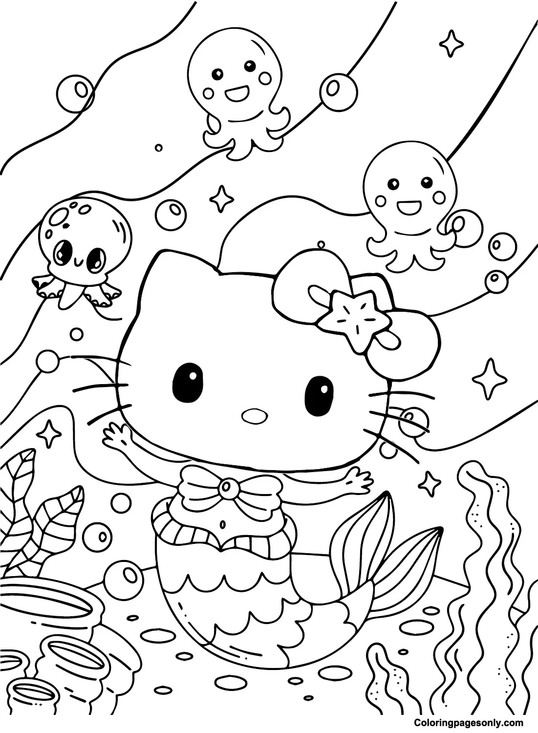Çocuklar İçin Hello Kitty Deniz Kızı Boyama Sayfaları 