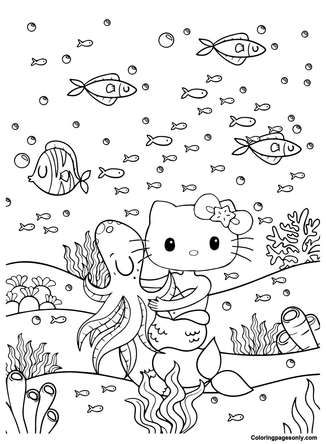Çocuklar İçin Hello Kitty Deniz Kızı Boyama Sayfaları 