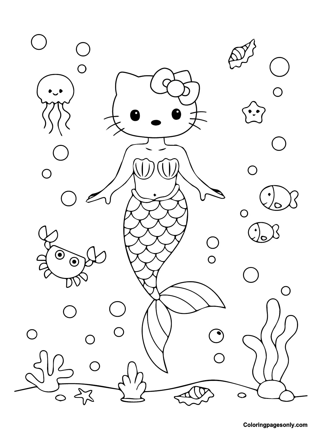 Çocuklar İçin Hello Kitty Deniz Kızı Boyama Sayfaları 