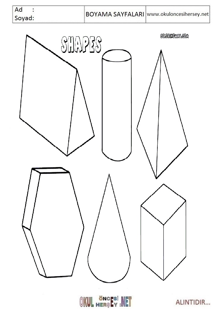 Çocuklar İçin  Geometrik Şekiller Boyama Sayfaları 