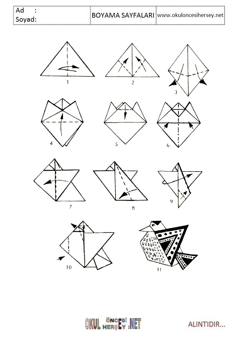 Çocuklar İçin  Origami Boyama Sayfaları 