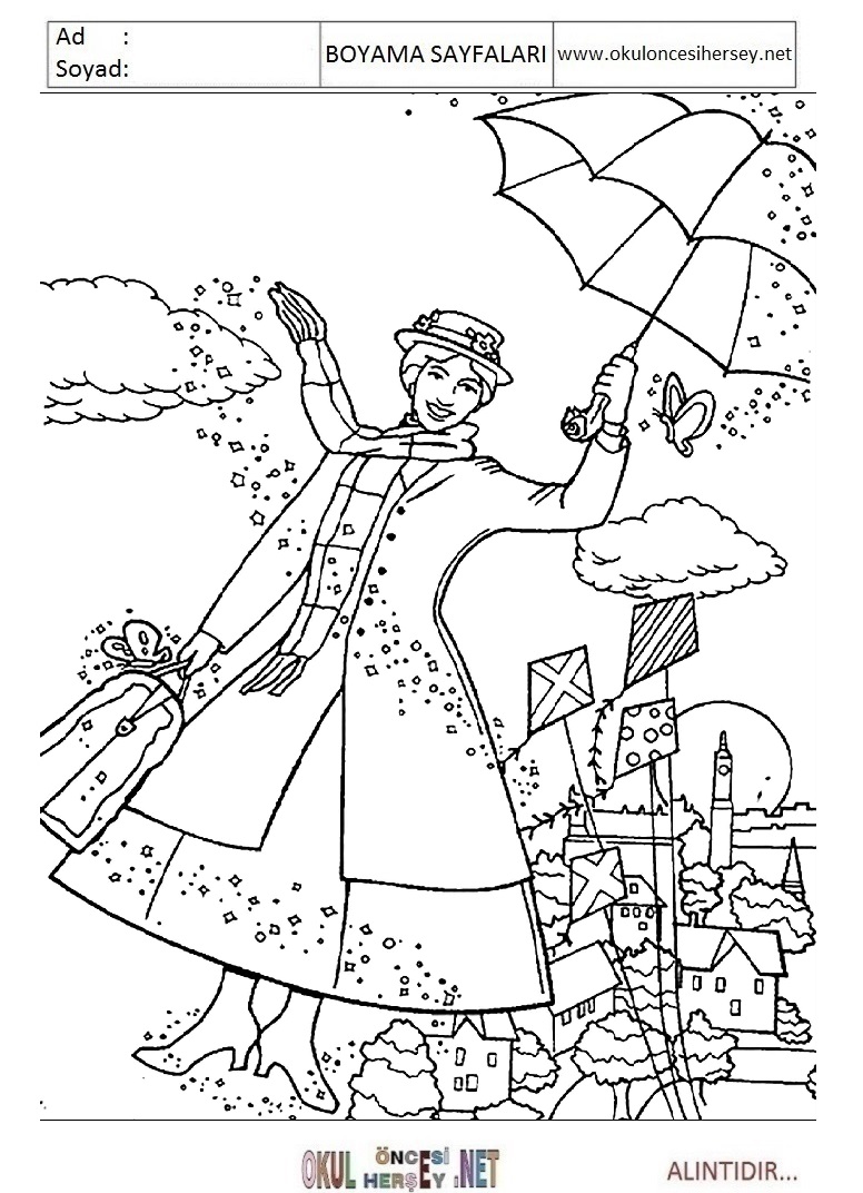 Çocuklar İçin Mary Poppins Boyama Sayfaları 