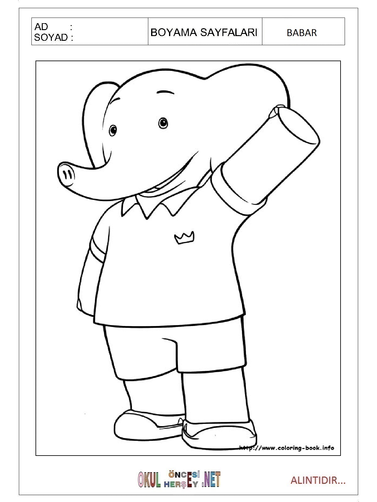 Çocuklar İçin Babar Boyama Sayfaları 