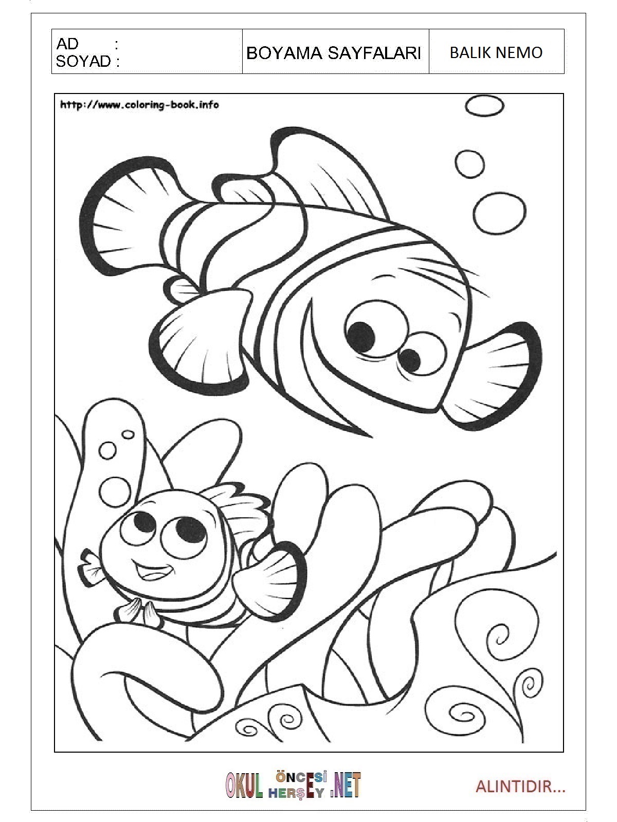 Balık Nemo boyama sayfaları