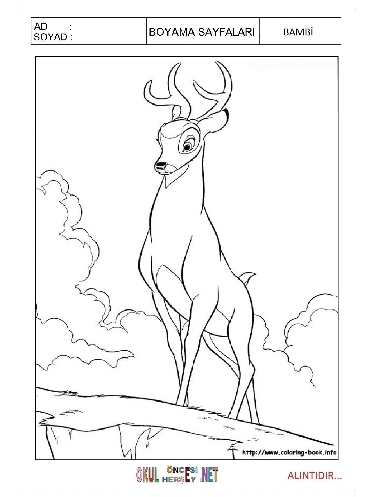 Çocuklar İçin Bambi Boyama Sayfaları 