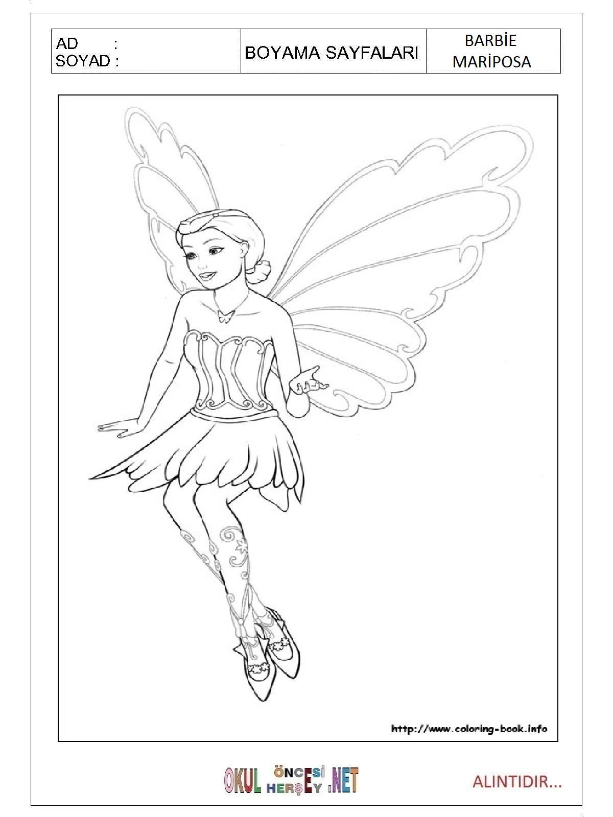 Barbie Mariposa boyama sayfaları