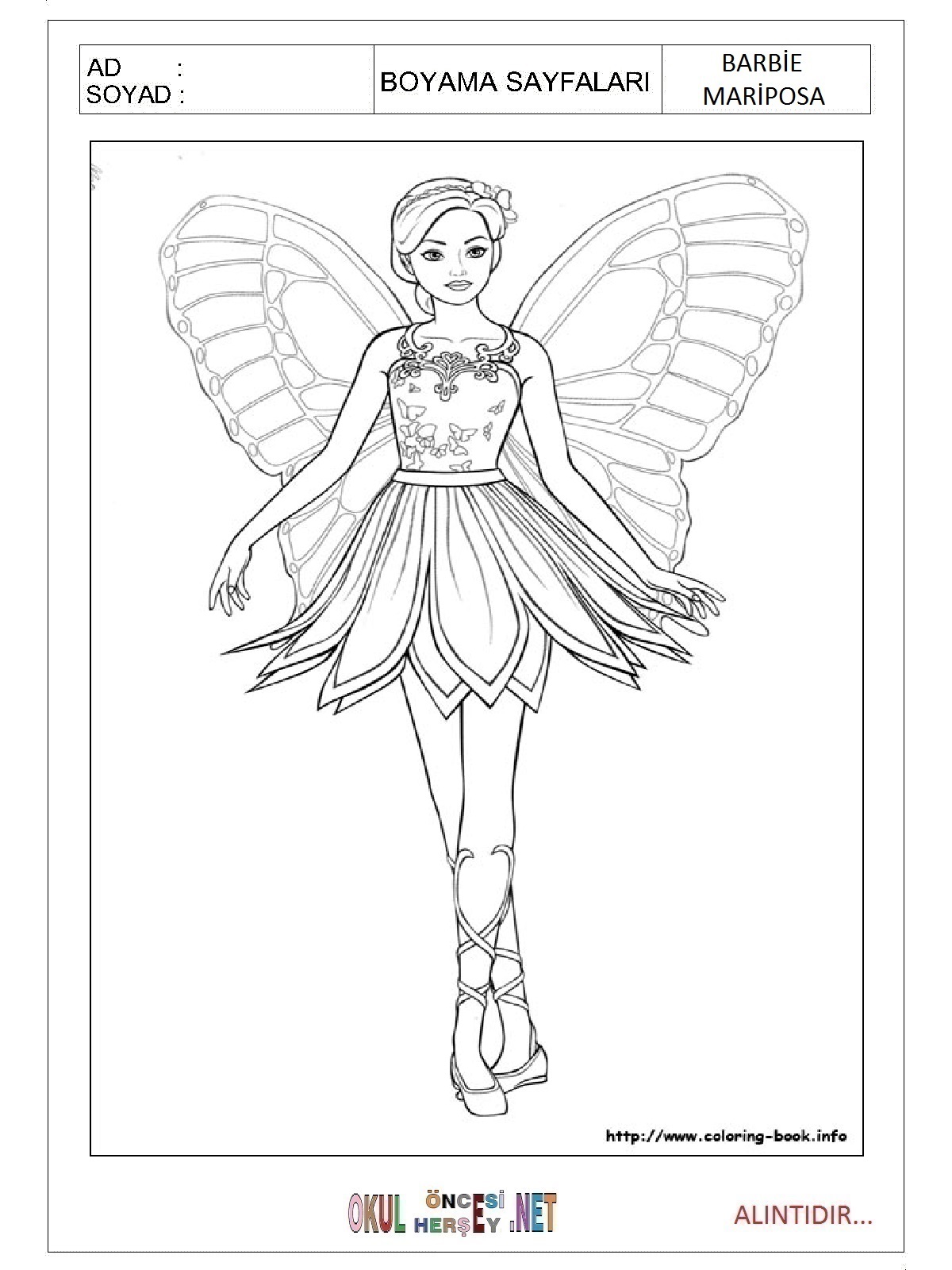 Barbie Mariposa boyama sayfaları