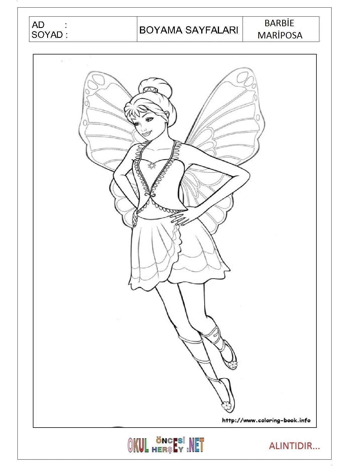Barbie Mariposa boyama sayfaları