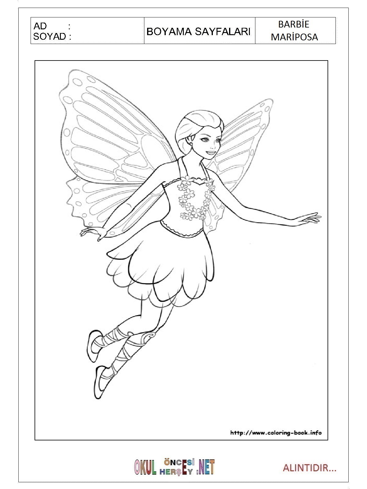 Barbie Mariposa boyama sayfaları