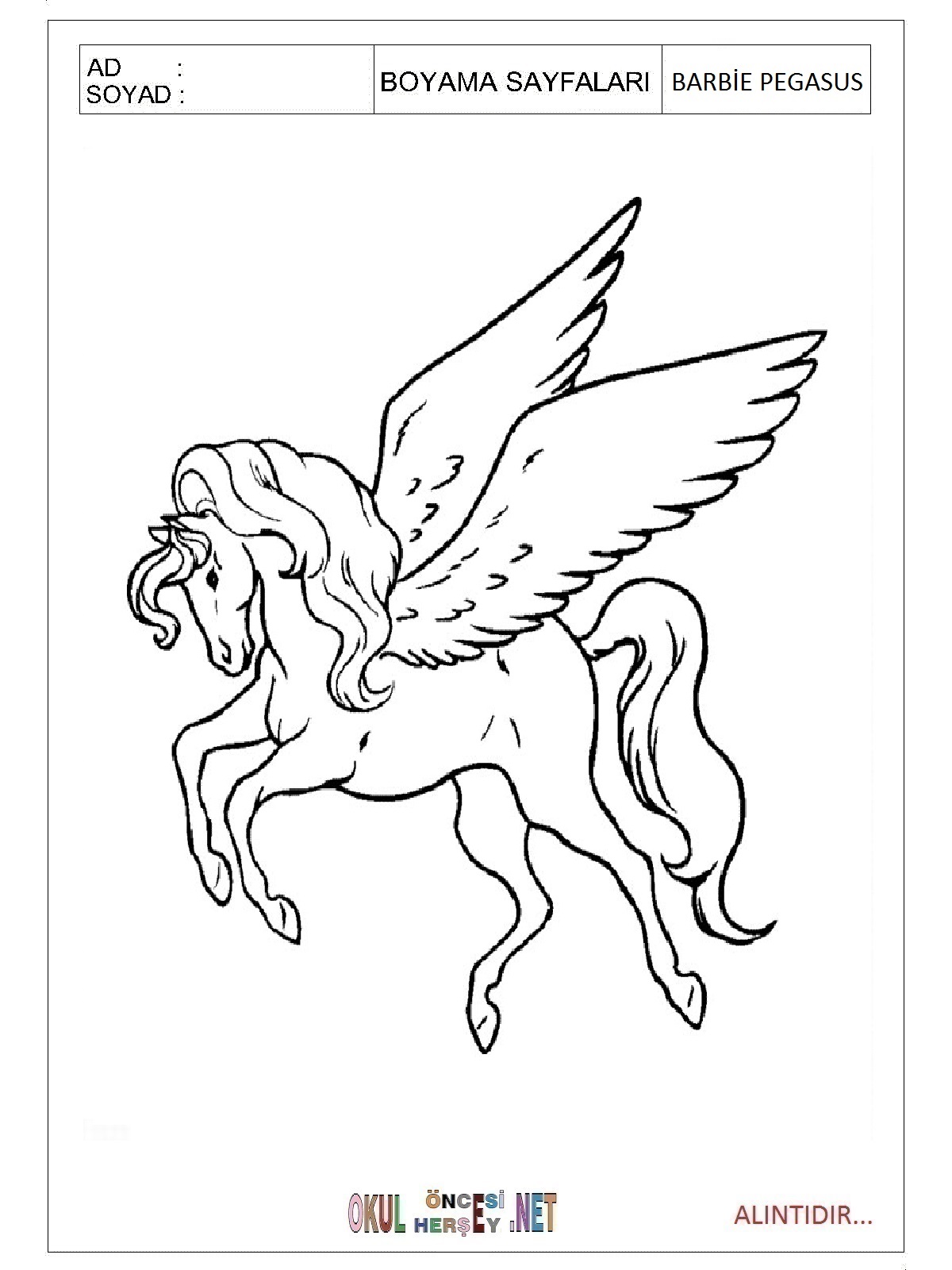 Çocuklar İçin Barbie Pegasus Boyama Sayfaları 
