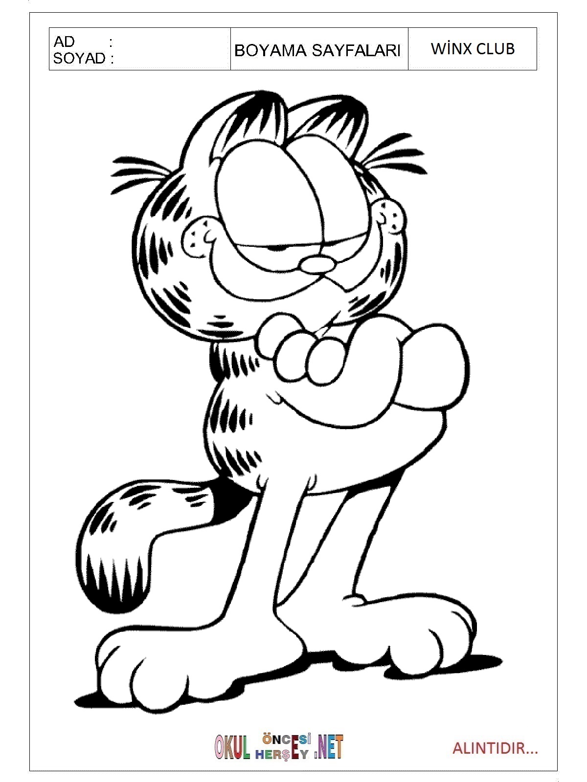 Çocuklar İçin Garfield Boyama Sayfaları 