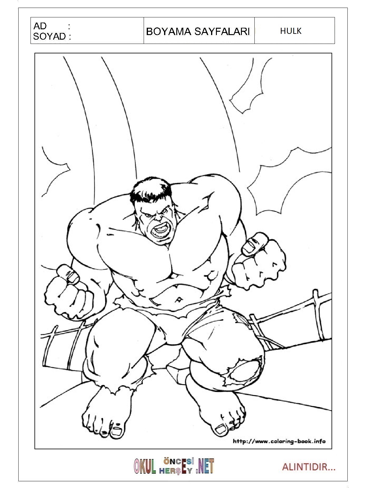 Çocuklar İçin Hulk Boyama Sayfaları 