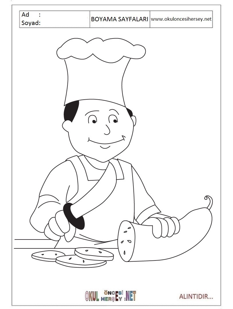 Çocuklar İçin Aşçı Boyama Sayfaları 