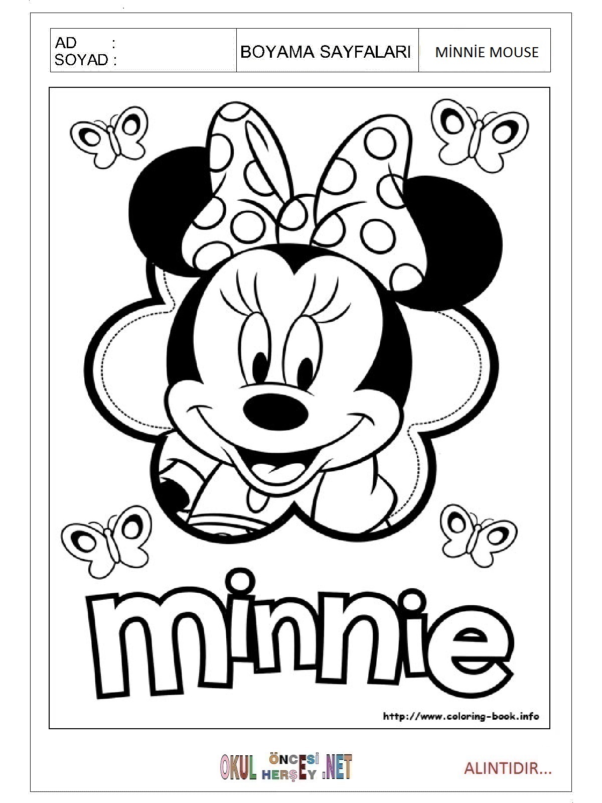 Çocuklar İçin Minnie Mouse Boyama Sayfaları 