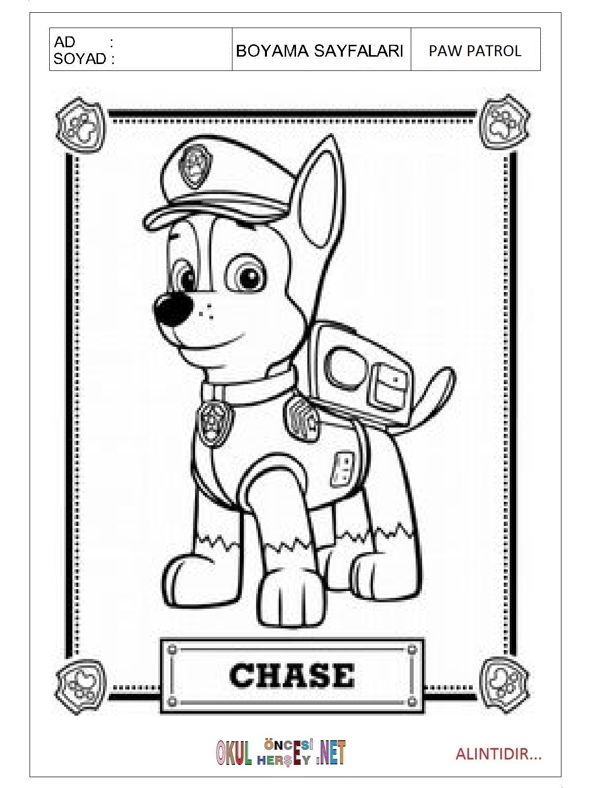 Paw Patrol boyama sayfaları