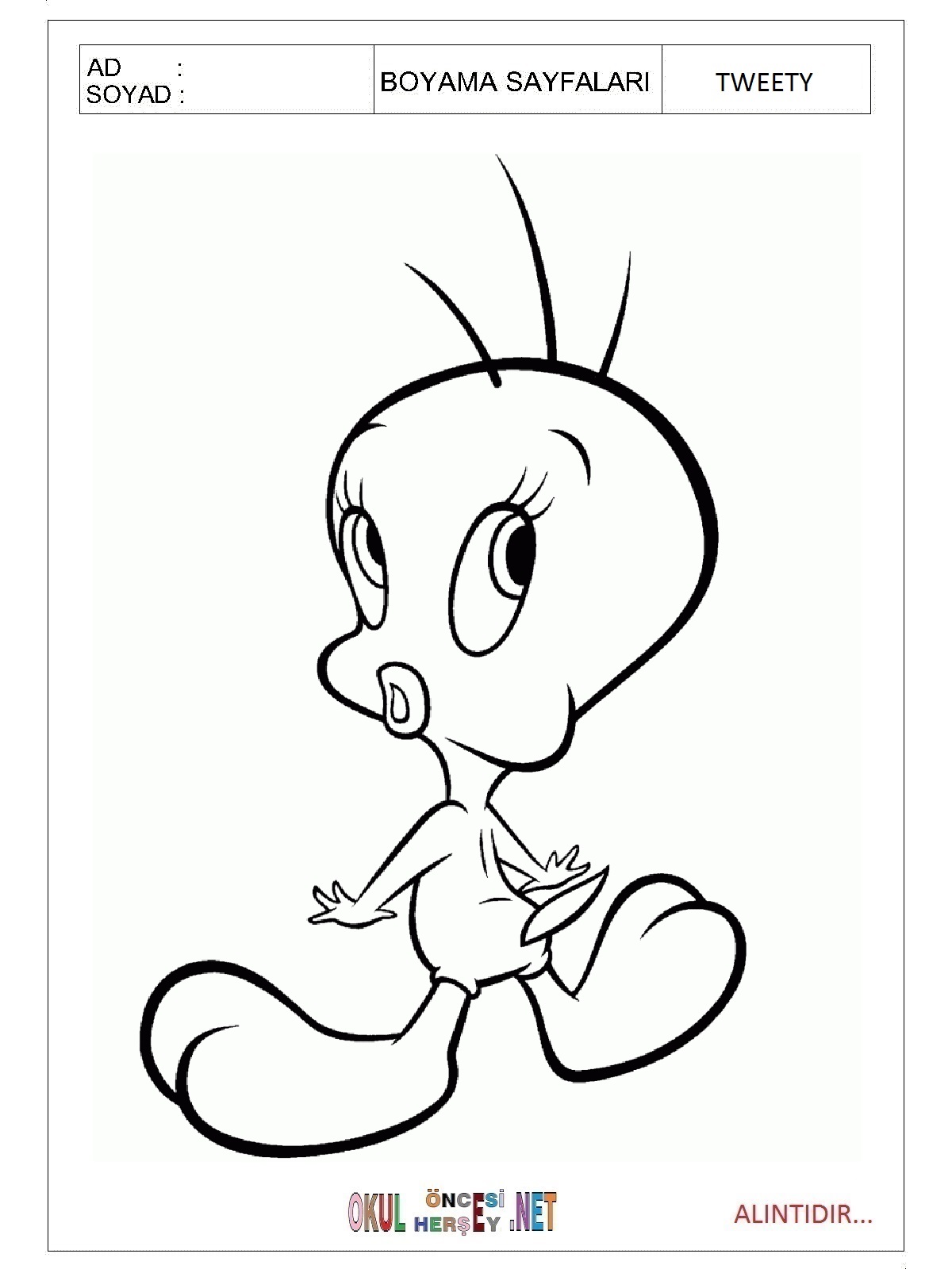 Çocuklar İçin Tweety Boyama Sayfaları 