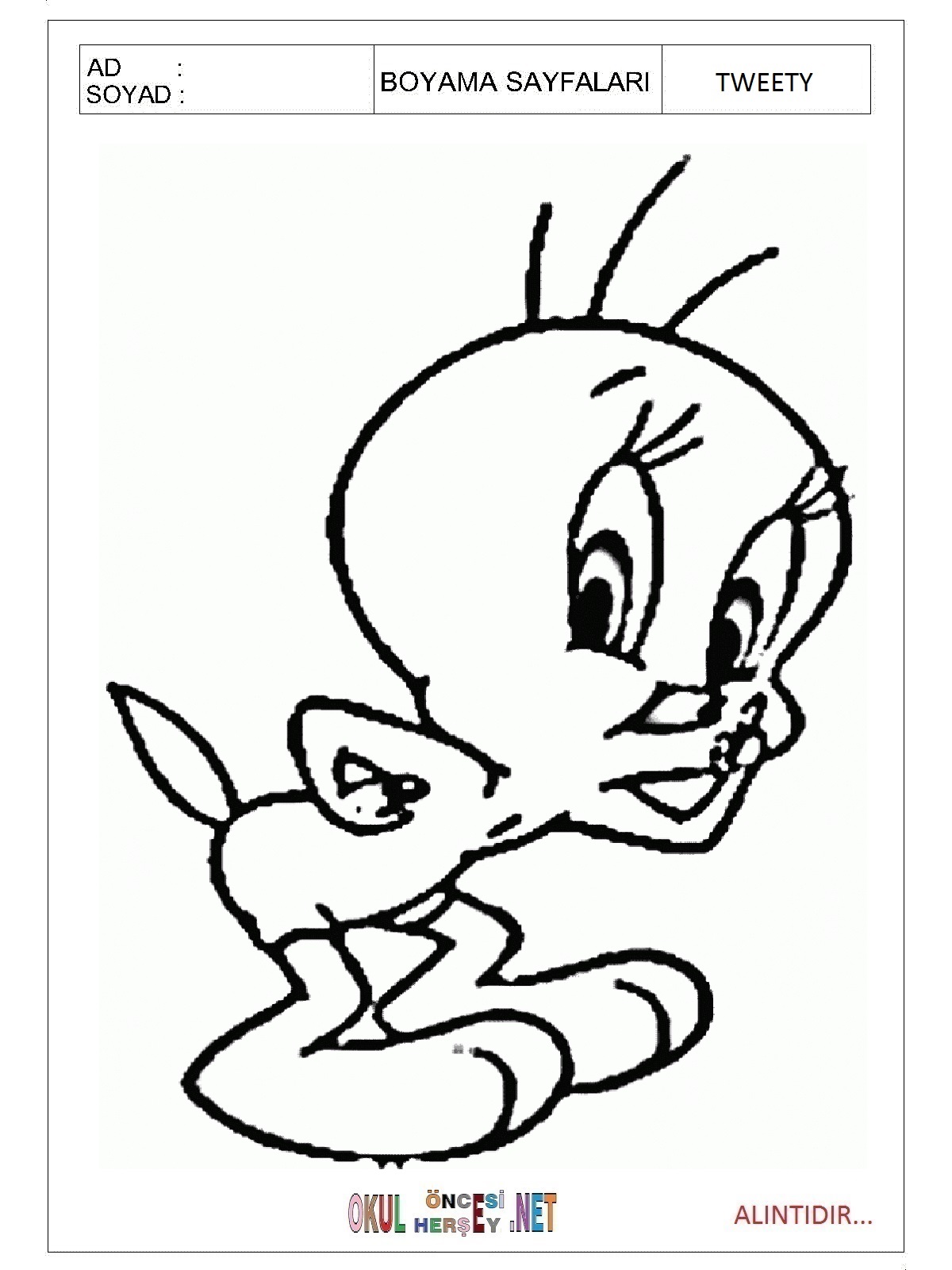 Çocuklar İçin Tweety Boyama Sayfaları 