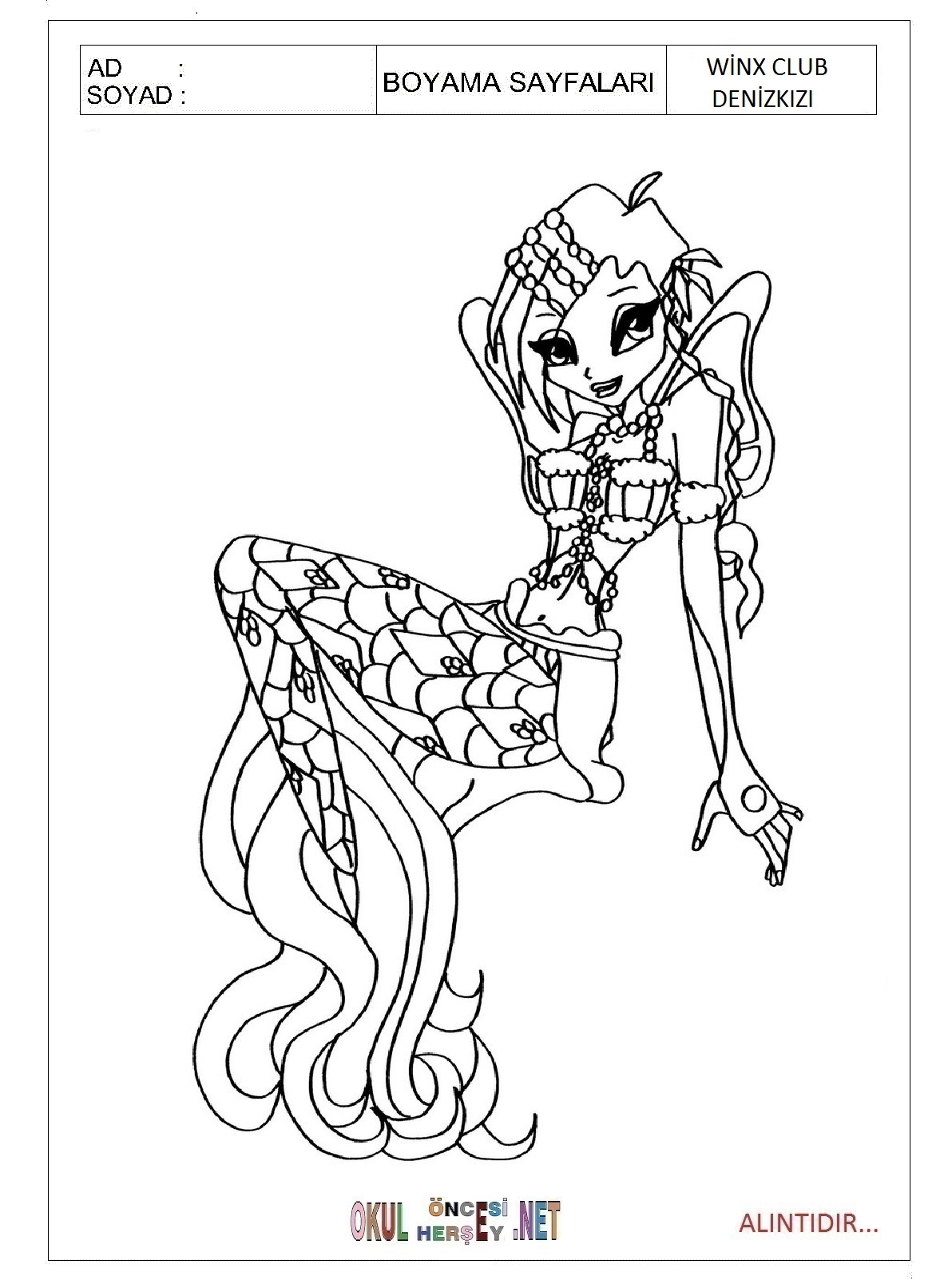 Çocuklar İçin Winx Club Denizkızı Boyama Sayfaları 