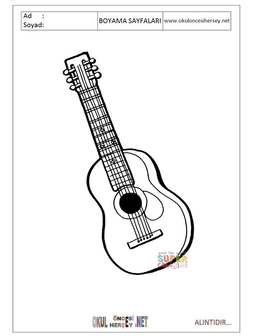 Çocuklar İçin Gitar Boyama Sayfaları 