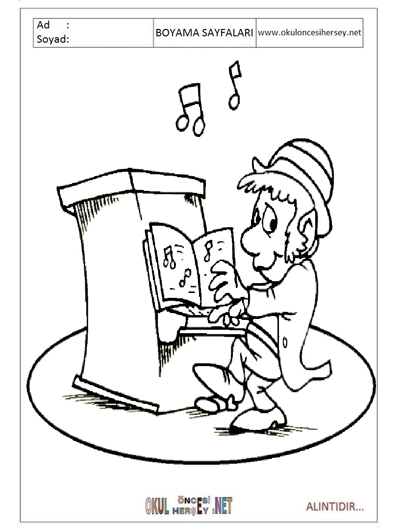 Çocuklar İçin Piano Boyama Sayfaları 