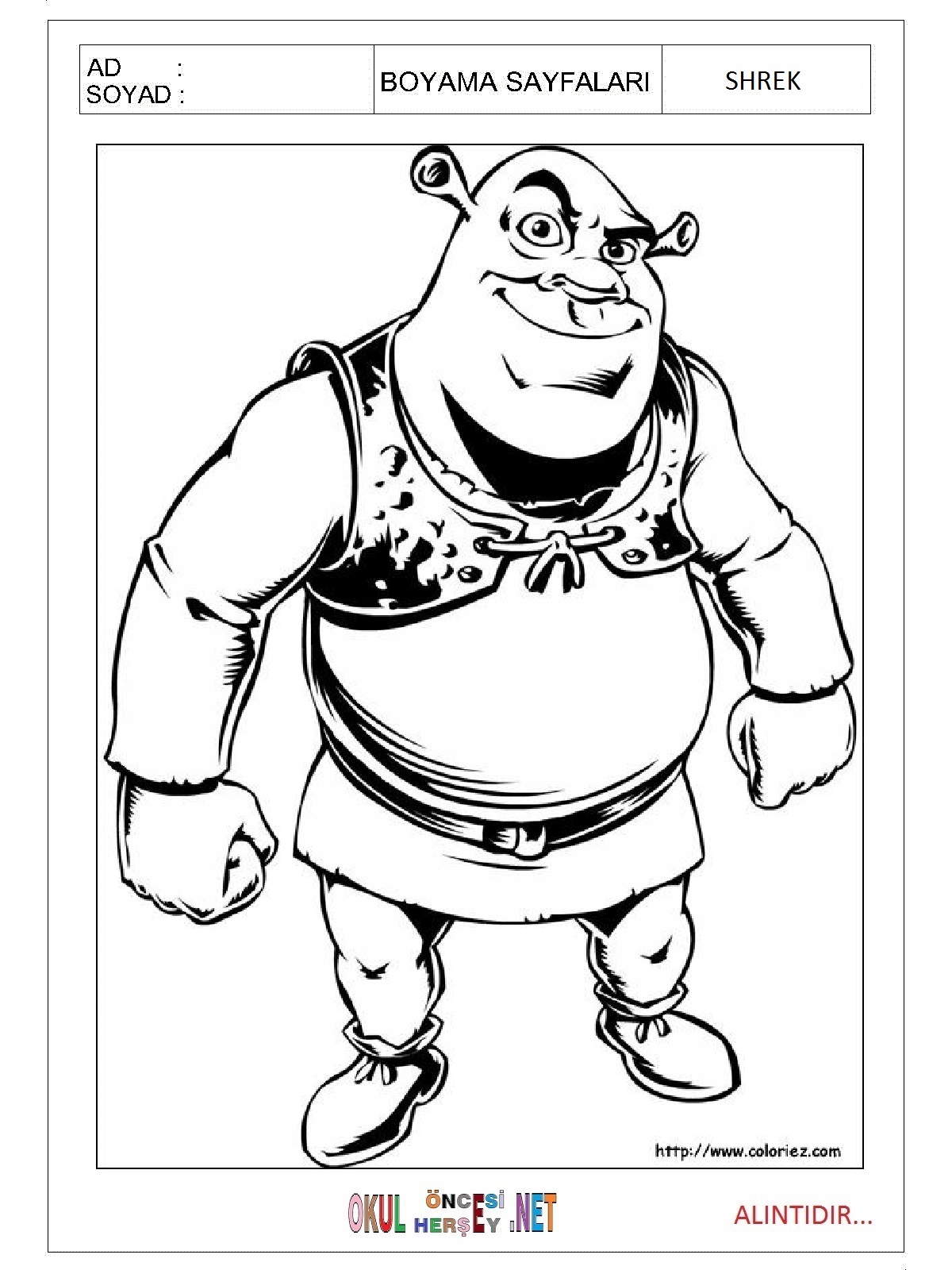 Shrek resmi boyama sayfası