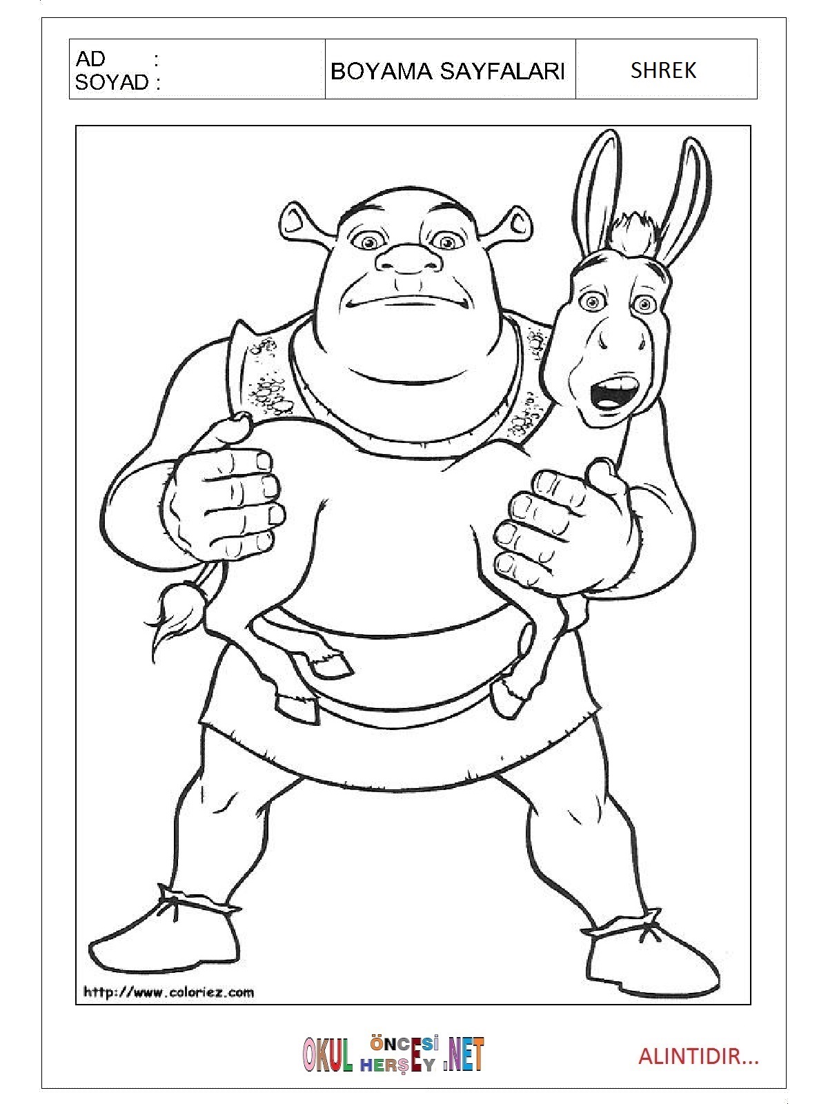 Çocuklar İçin Shrek Boyama Sayfaları 