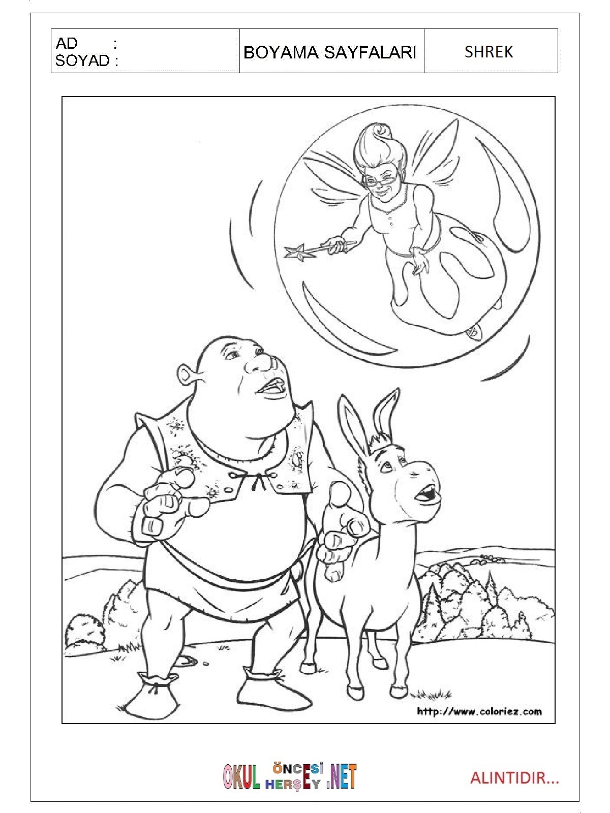 Çocuklar İçin Shrek Boyama Sayfaları 